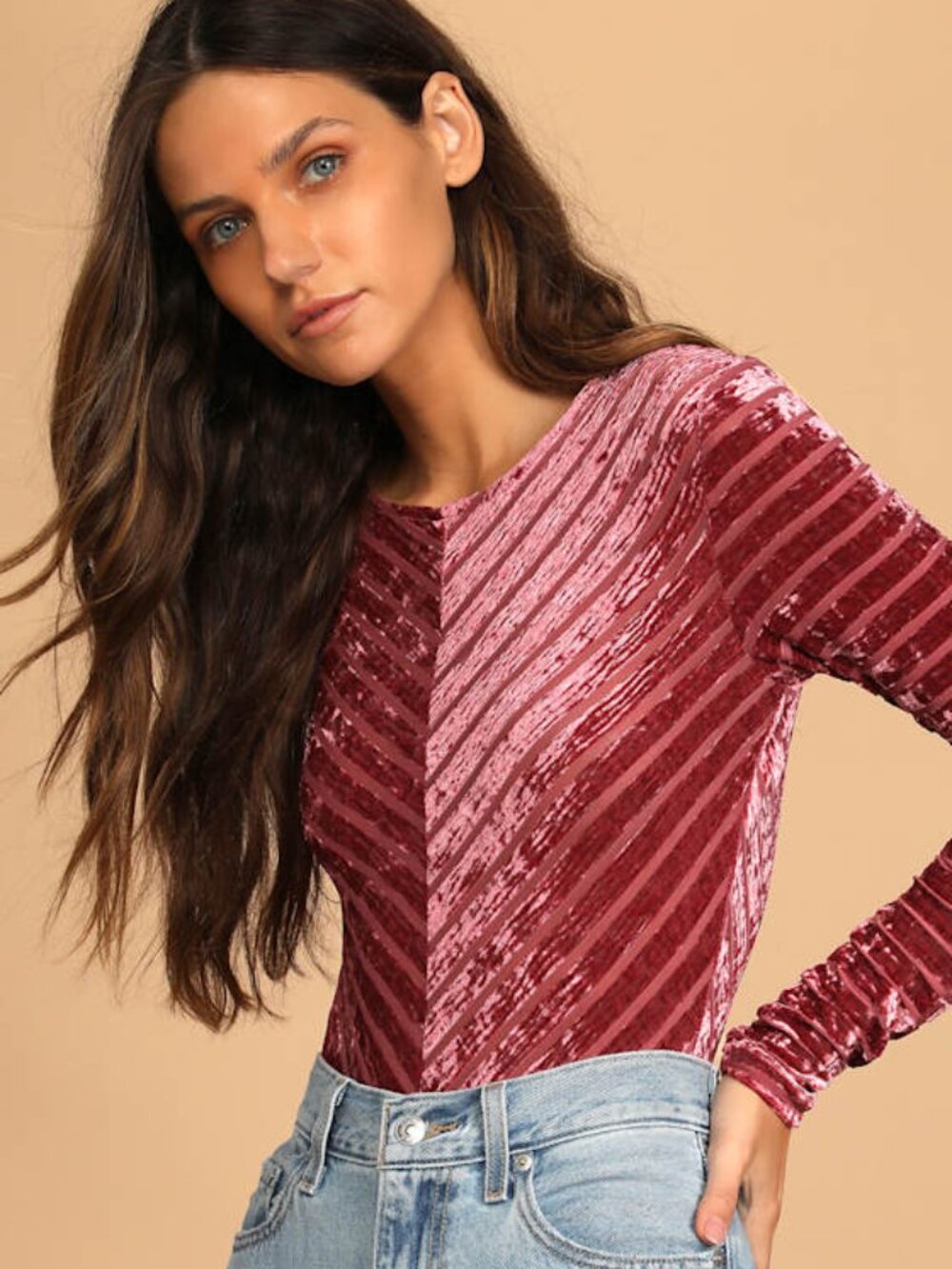 Lulus Save The Date Dusty Pink Velvet Striped Long Sleeve Bodysuit - Size XS